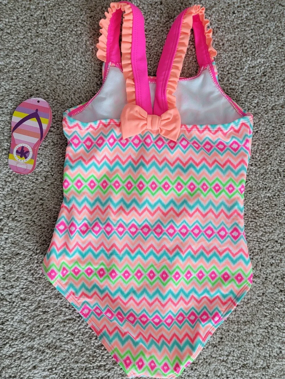 J. Khaki Girls NWT Neon Chevron Ruffle Back Bow One Piece Swimsuit